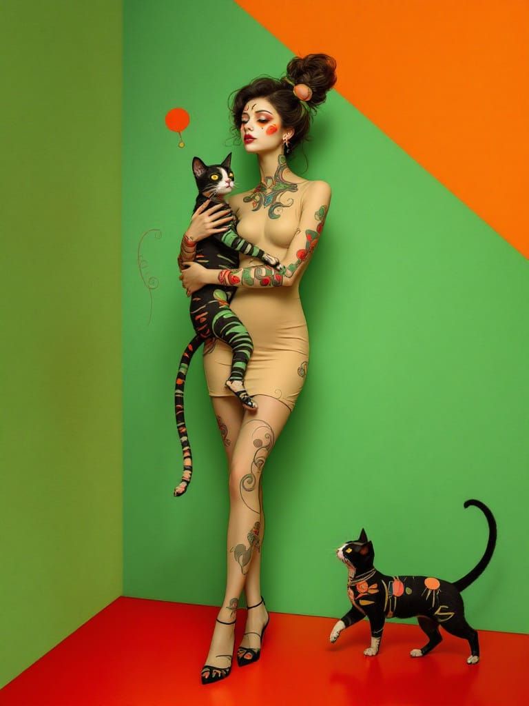 Surreal Human and Cat Duo in Geometric Art Nouveau Style