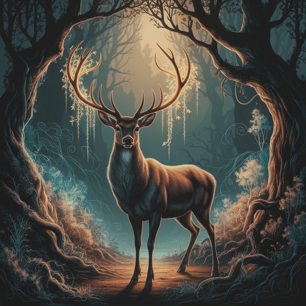 Enchanted Forest Deer with Glowing Vines: Matte Painting