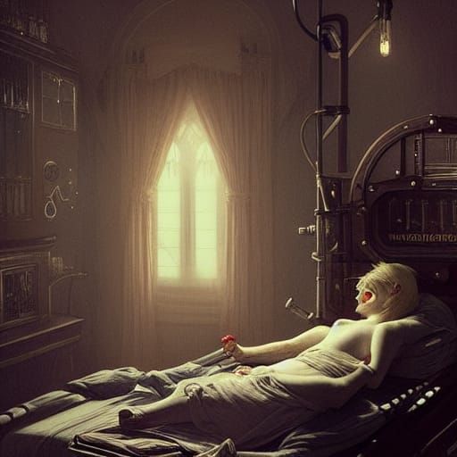 Victorian Children Linked by Steampunk Machine in Gothic Art