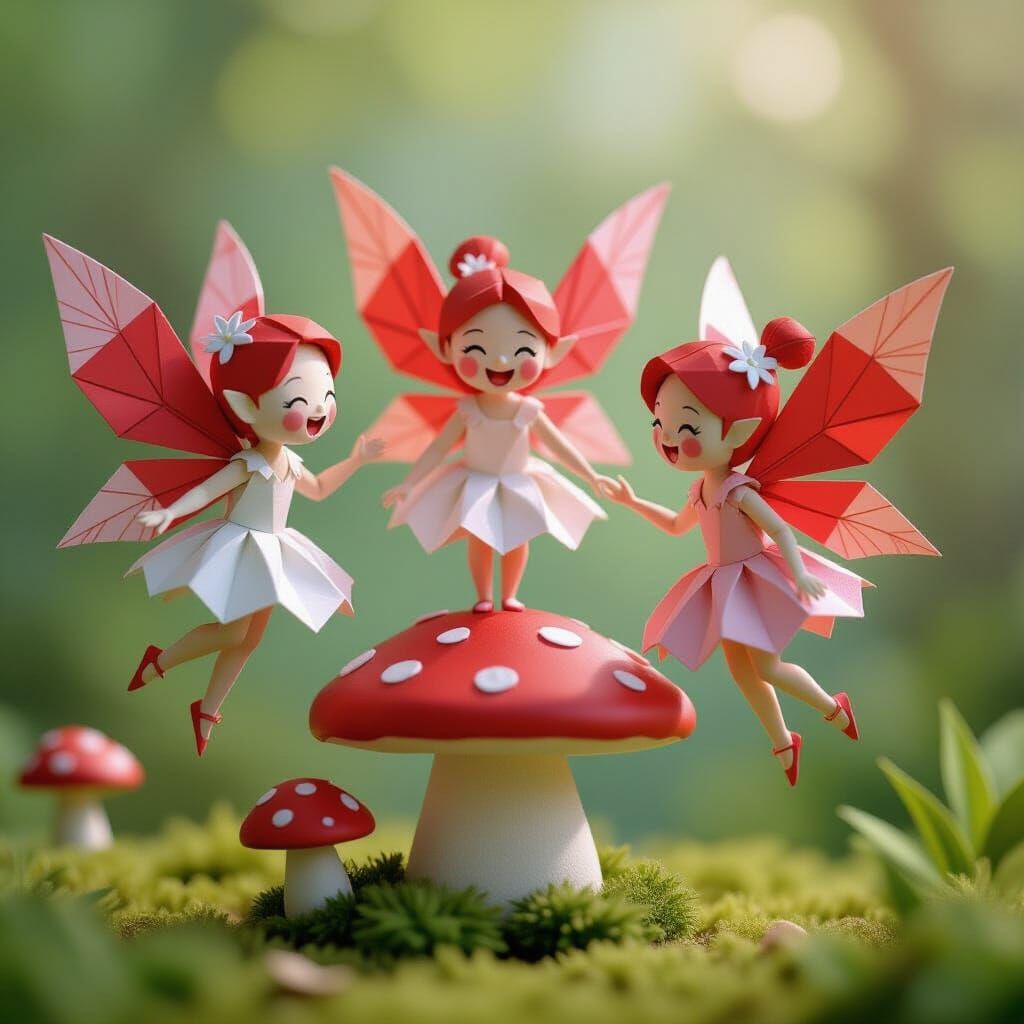 Three Laughing Fairies with Red Wings on Mushroom, Papercraf...