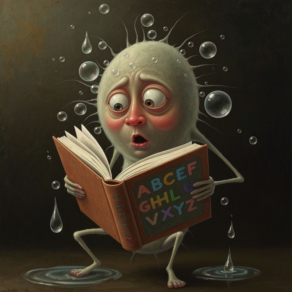 Whimsical Microbe Reads Upside Down Alphabet Book in Oil Pai...