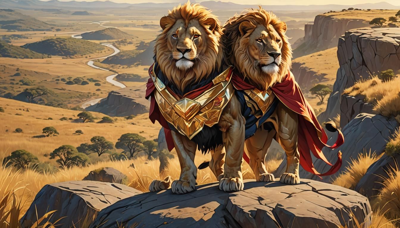 Regal Lion Superhero in Vibrant Savannah Comic Art