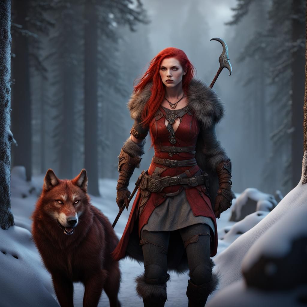 Nordic Huntress and Werewolf in Detailed Digital Painting