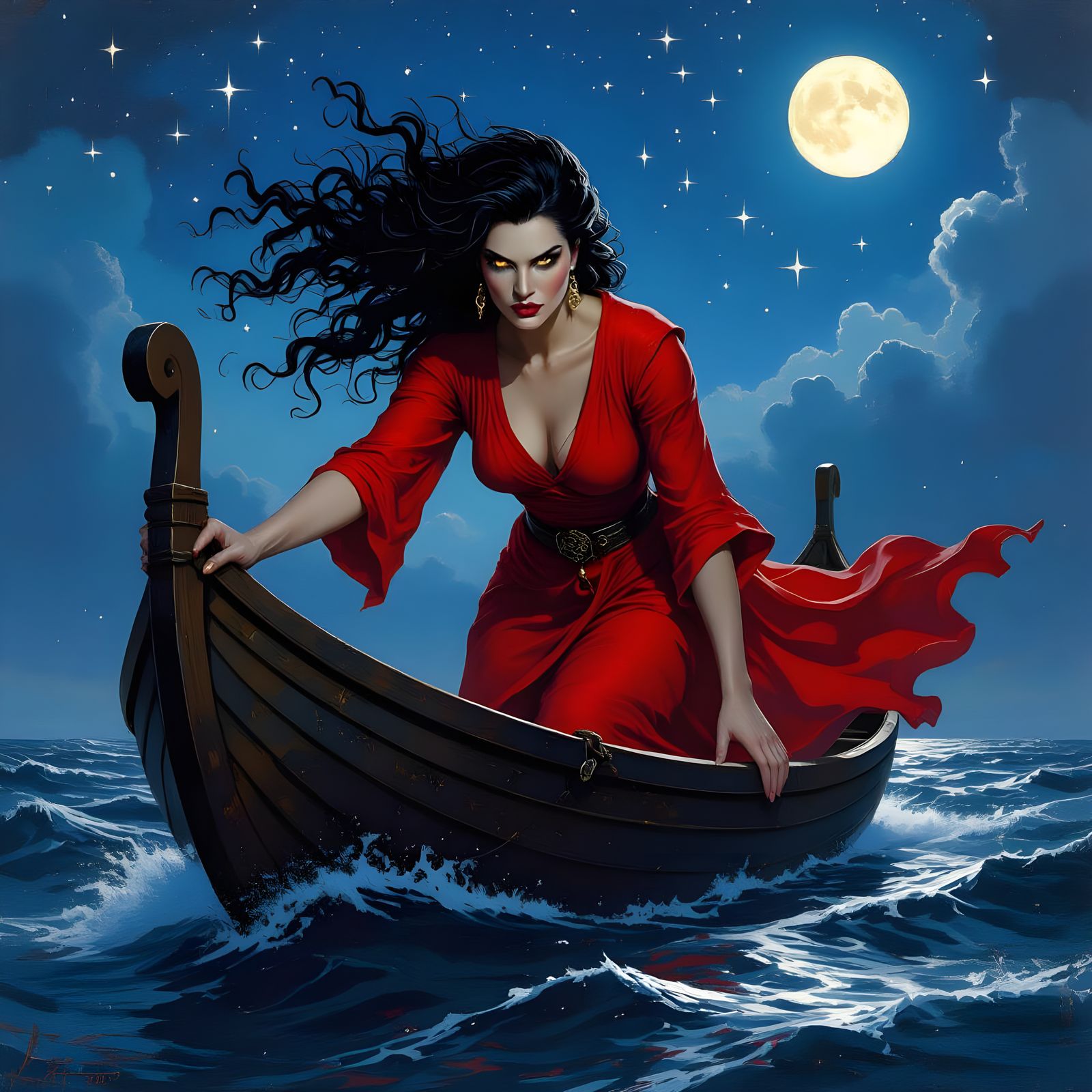 Giantess Pushes Norse Boat to Sea Under Starry Prussian Blue...