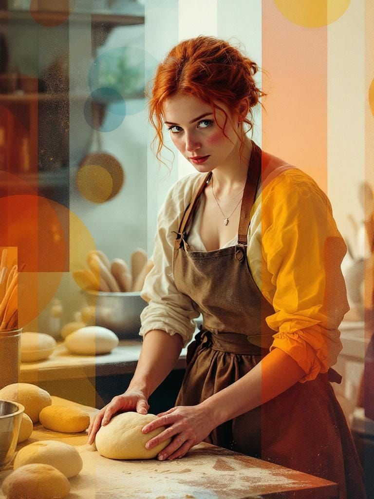 Redhead Baker in Kitchen: Abstract Expressionist Transparenc...