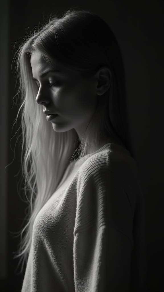 Contemplative Woman in Black and White Portrait