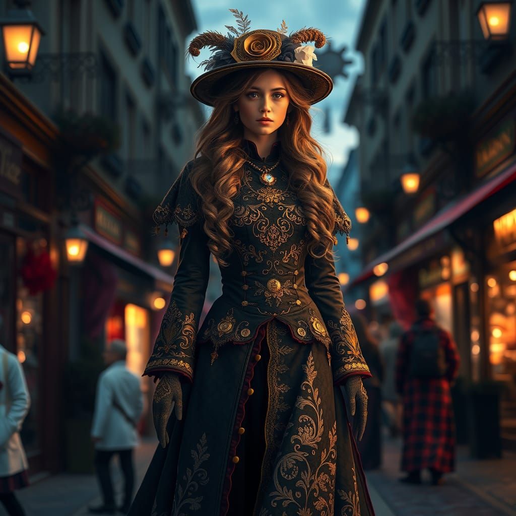 Victorian Woman on High Street in Atmospheric Digital Art
