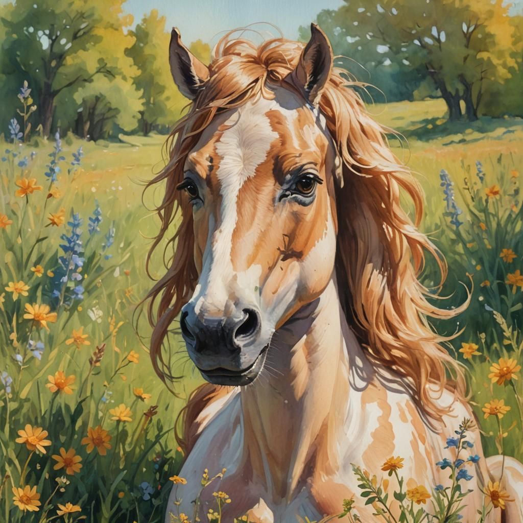 Centaur Portrait in Sun-Drenched Meadow, Gouache Painting