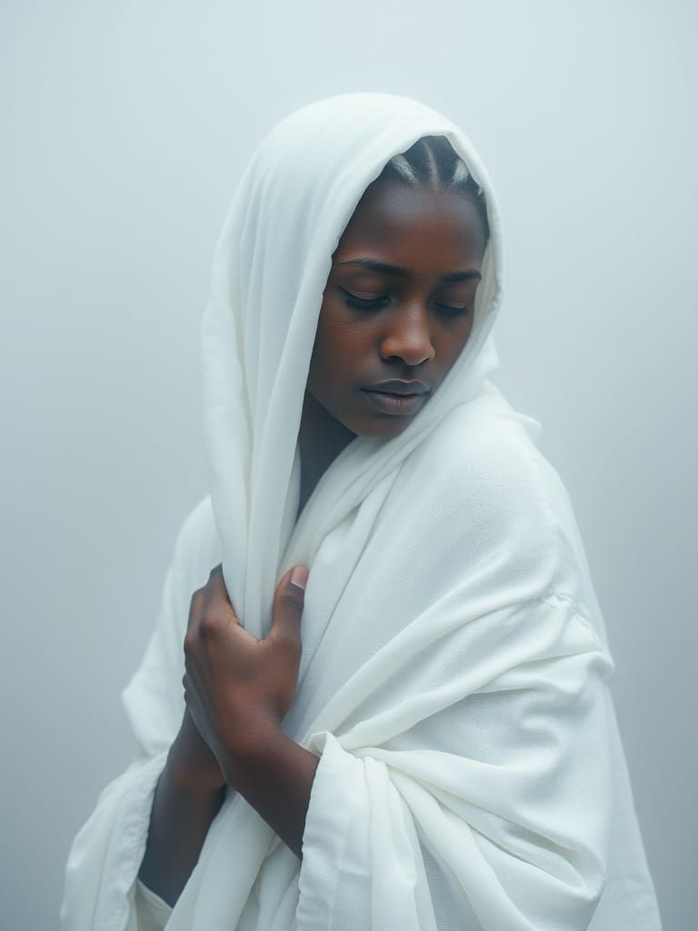 Beautiful Woman in White Linen Robe in Fog