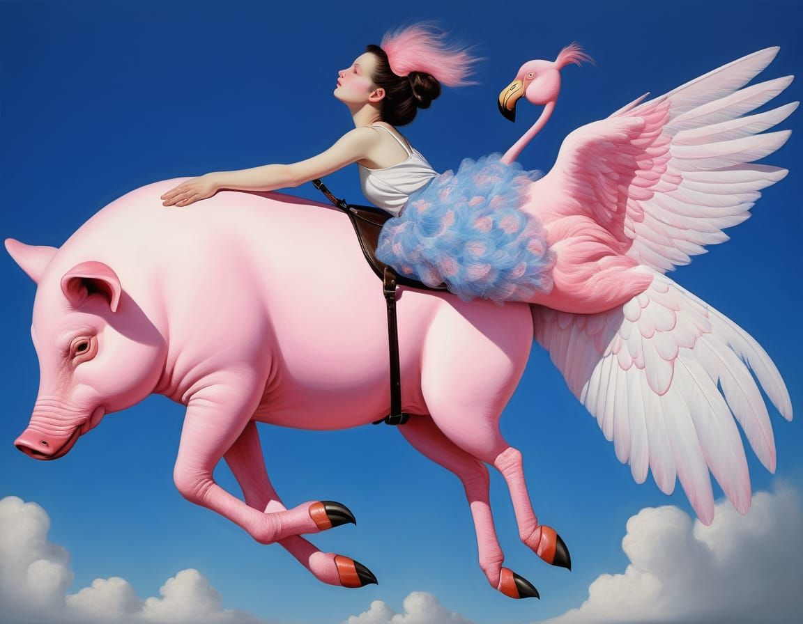 Vibrant Pop Art Flying Pig Soars Through Bright Blue Sky