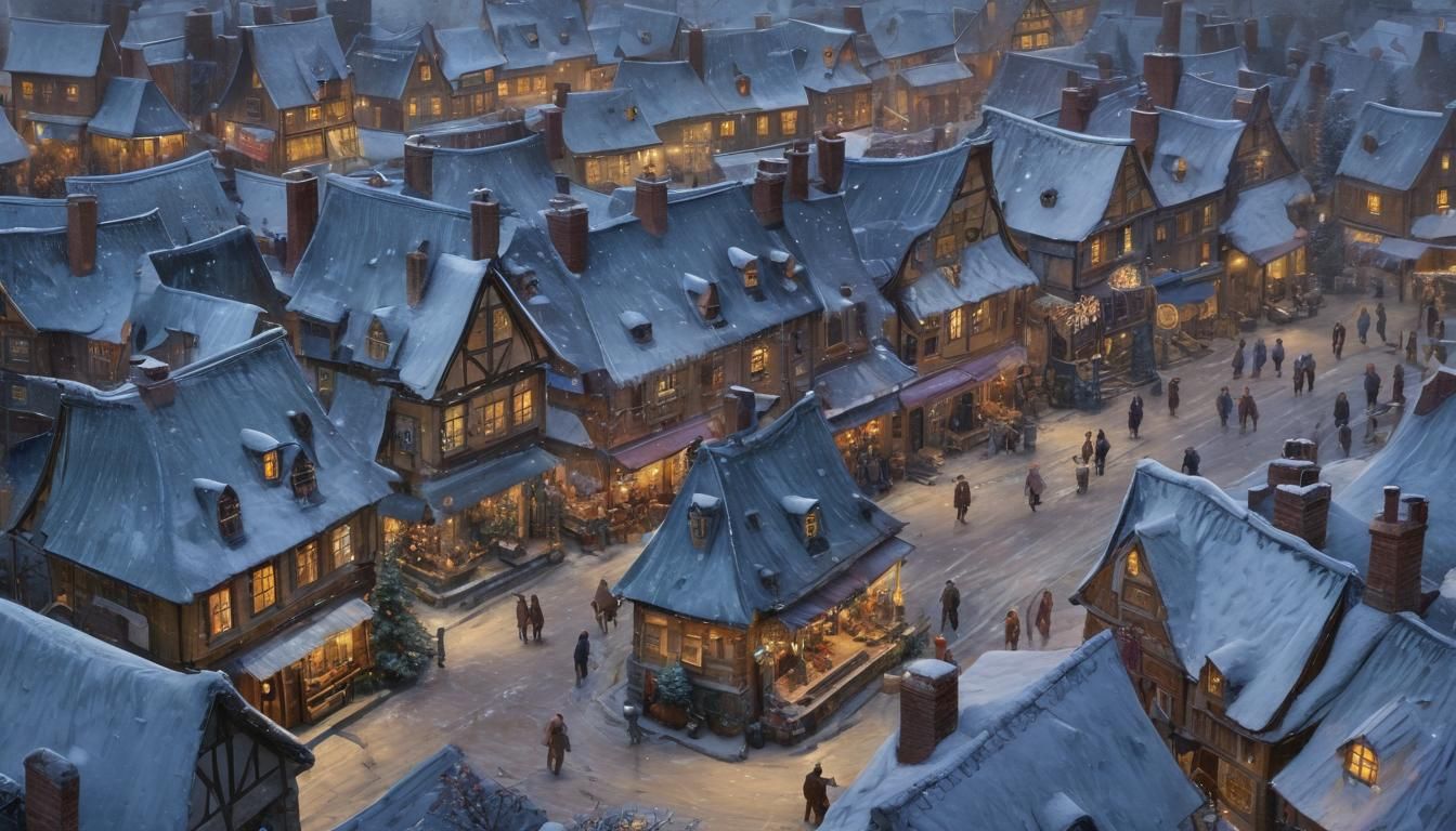 Christmas Village Under Snowy Skies, in the Style of an Oil...