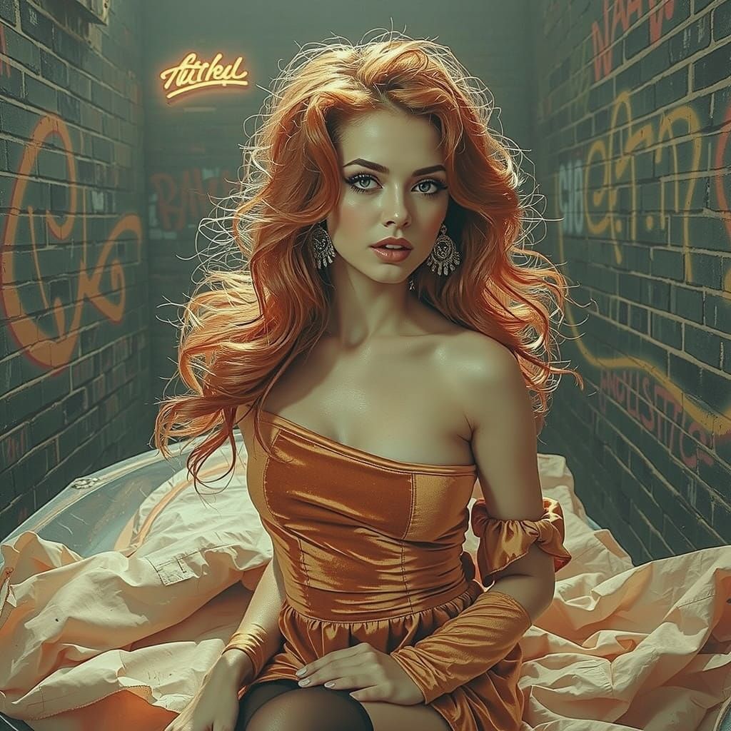 Woman in Velvet Dress Against Graffiti Wall