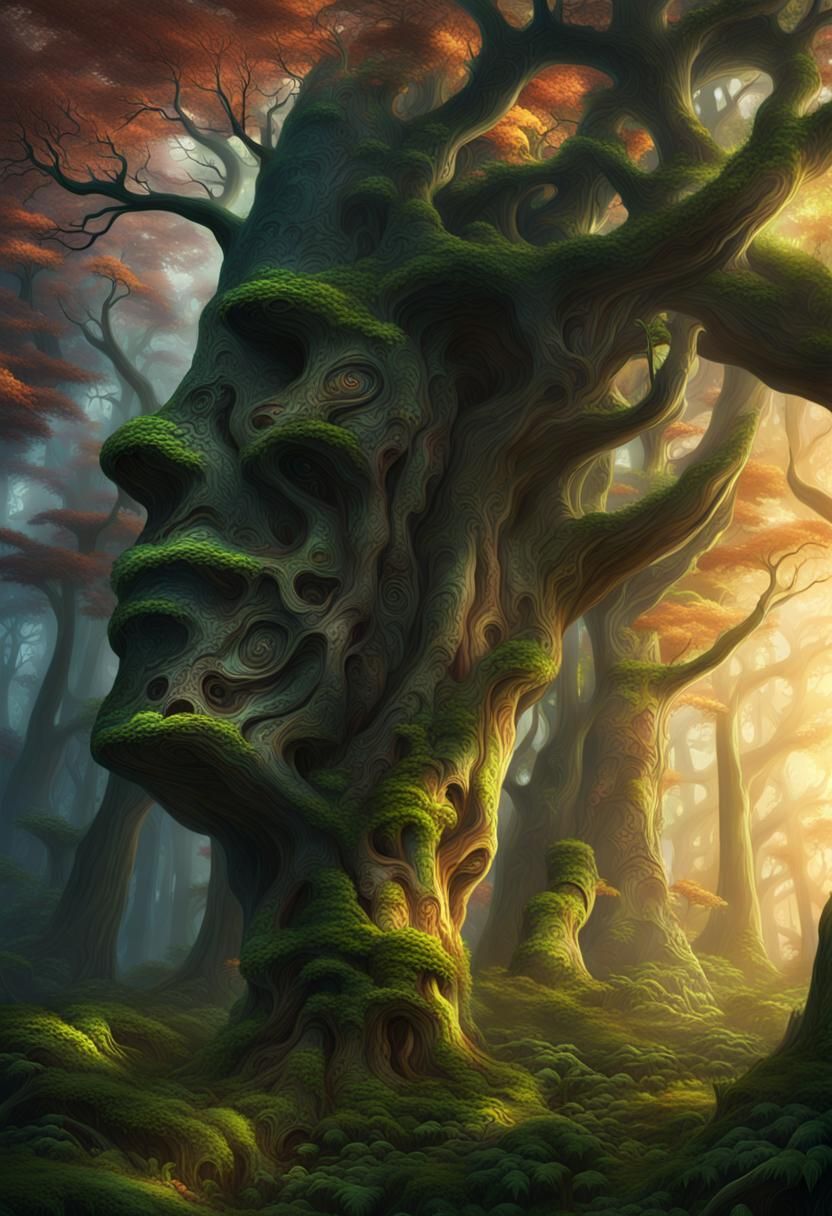 Mystical Tree with Glowing Runes in Lush Forest