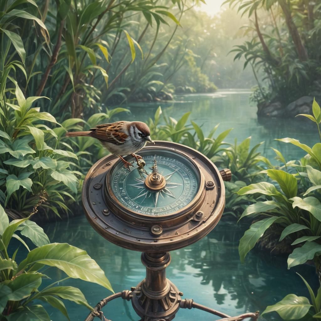 Sparrow on Compass Overlooking Crystal Lagoon: Watercolor