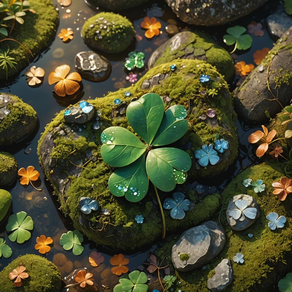 Bejeweled Clover on Mossy Stone: Fantasy Art