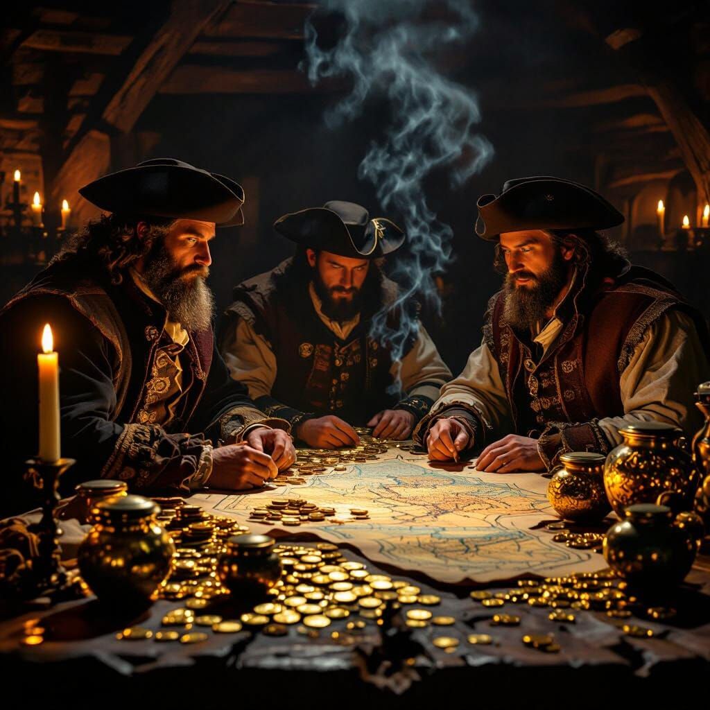 Merchants and Explorers in Dramatic Candlelit Scene