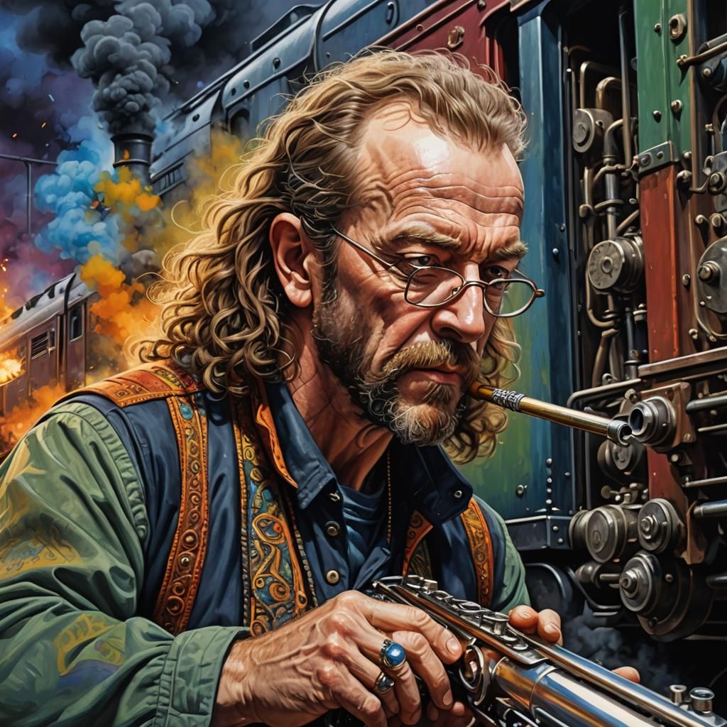 Hyperrealistic Flute Musician Aboard a Locomotive
