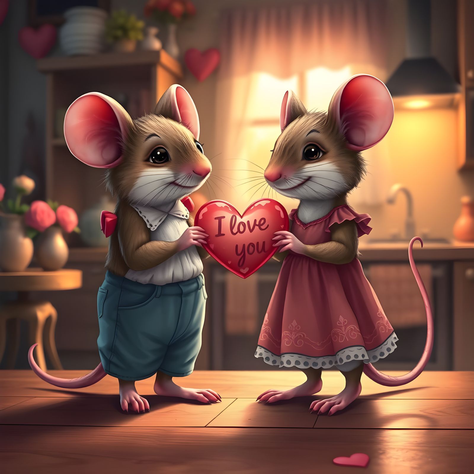 Cute Mice Share Heartfelt Moment in Cozy Kitchen