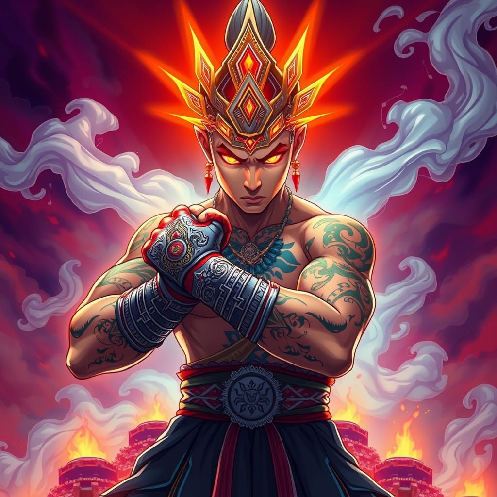 Muay Thai Warrior in Cyberpunk Anime Style