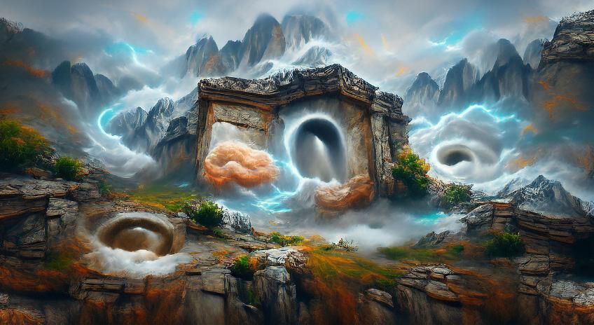 Ancient Portal of Swirling Clouds on Rocky Mountaintop