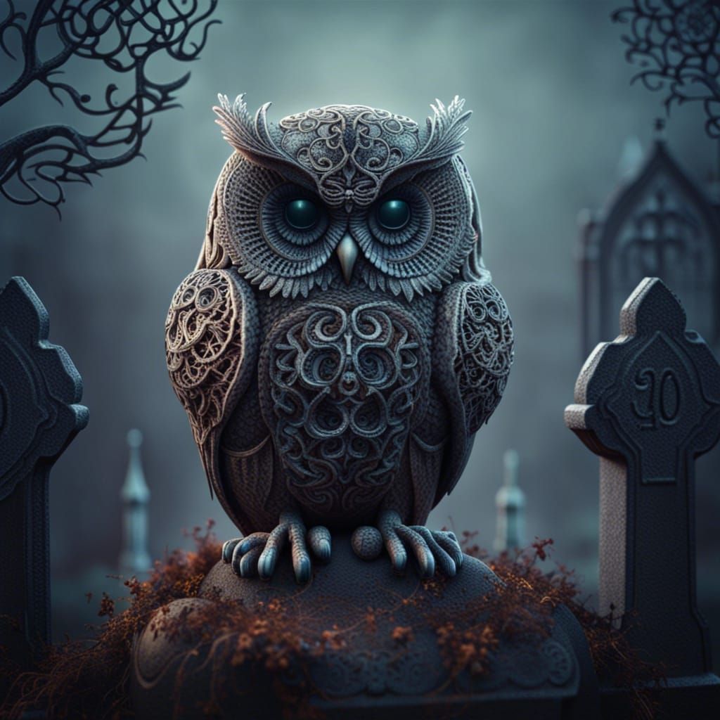 Mystical Owl Figure in Misty Cemetery