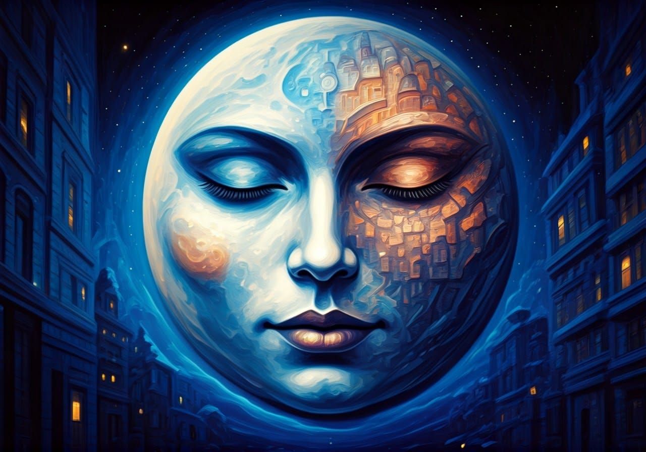 Surreal City Moon-Face in Acrylic Art Style