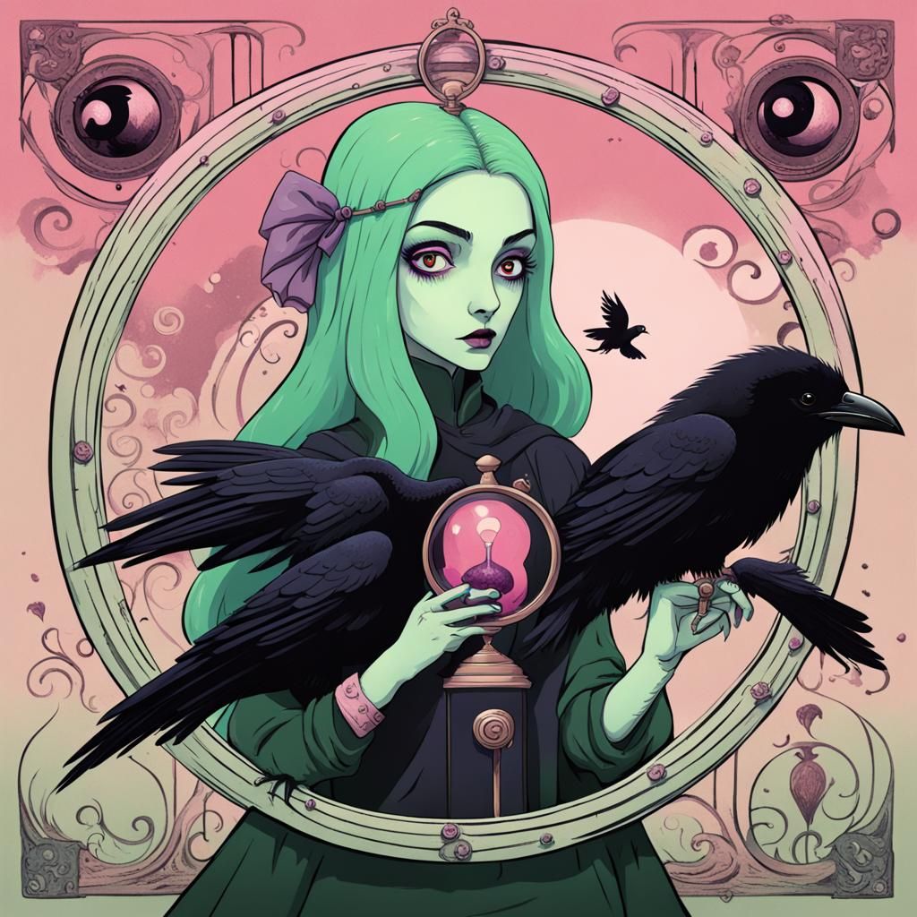 Woman with Raven in Cartoon Tim Burton Style
