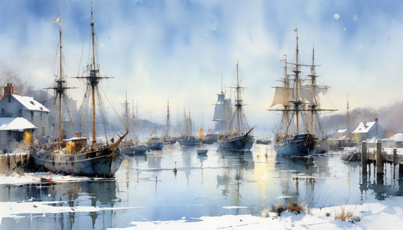 Winter Harbor Scene with Sailing Ships in Watercolor