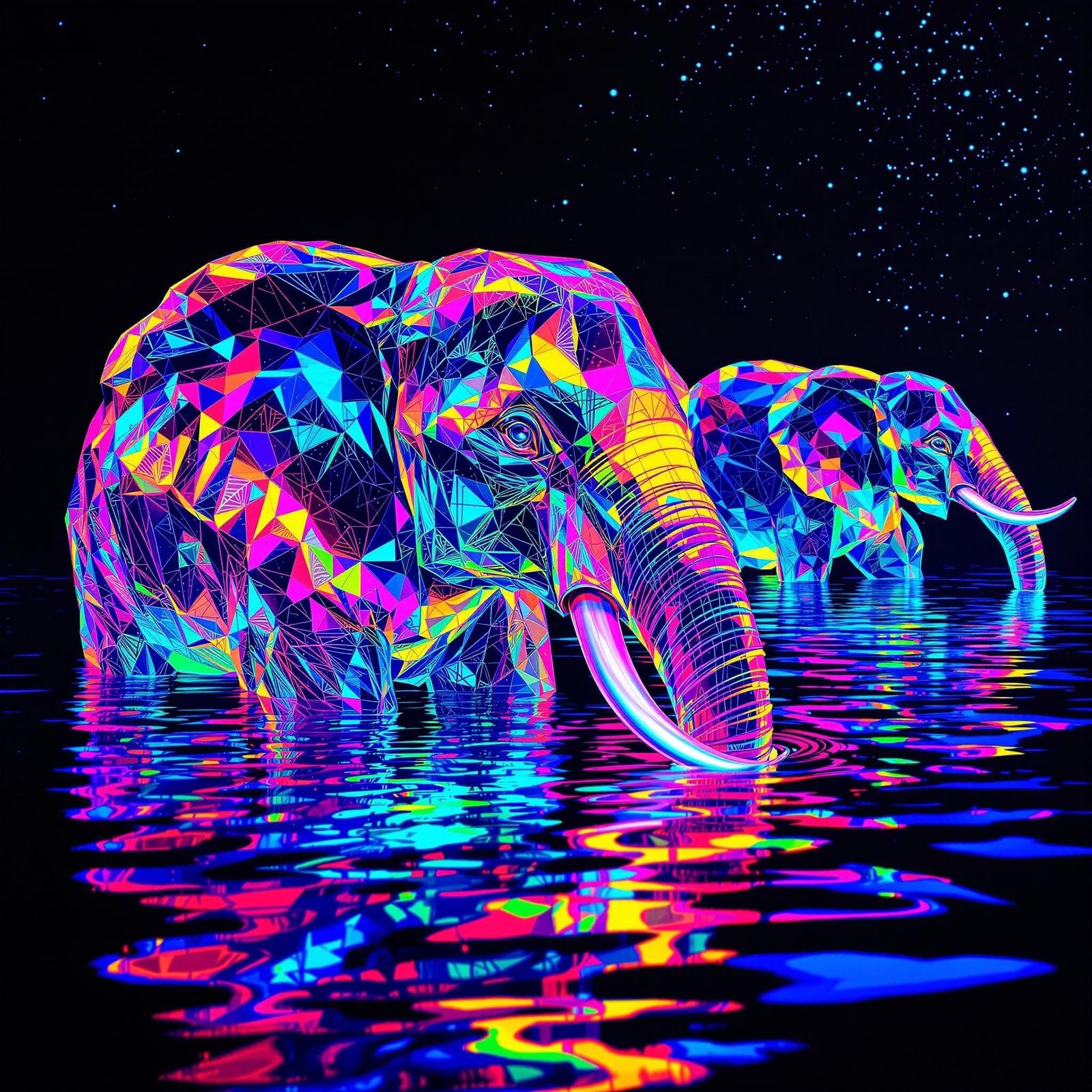 Iridescent Elephants Swimming: Pointillism Synthwave Art