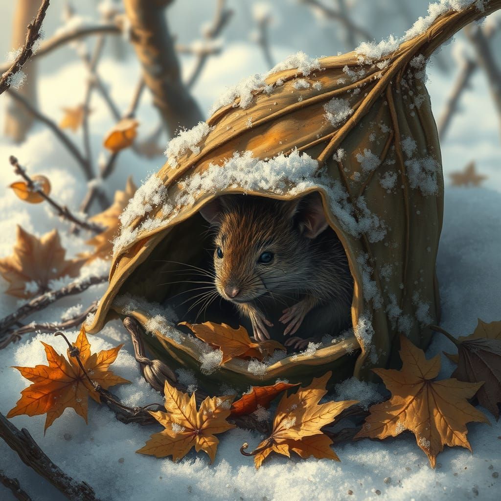 Mouse Snuggles Under Leaf in Winter Wonderland