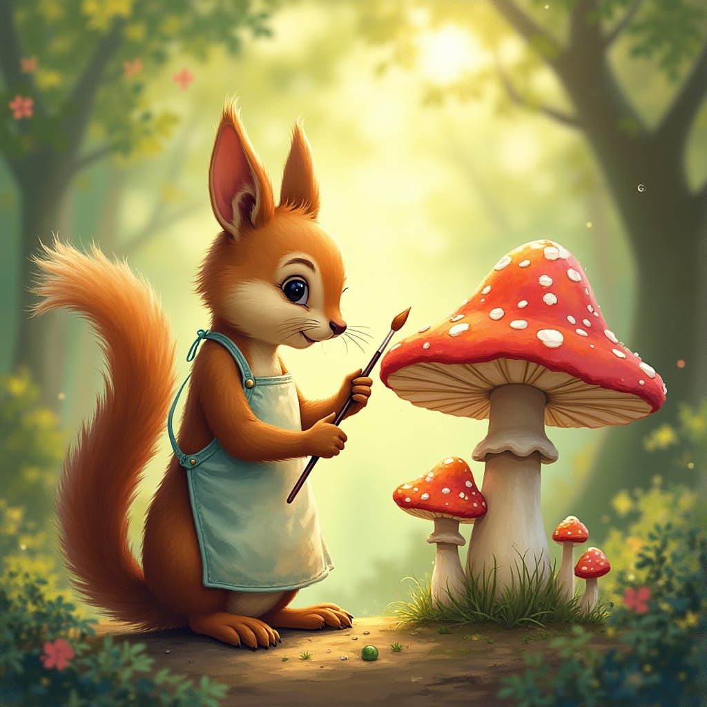 Squirrel Artist Paints Mushroom in Sun-Dappled Forest