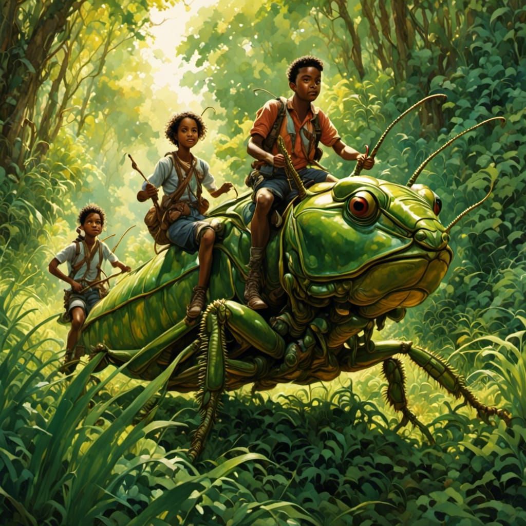 Shrunken Teenagers Ride Giant Grasshopper at Dawn