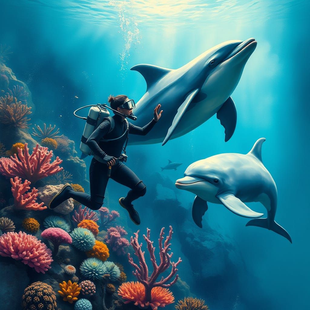 Diver, Dolphin, and Whale in Coral Reef: Charcoal Drawing