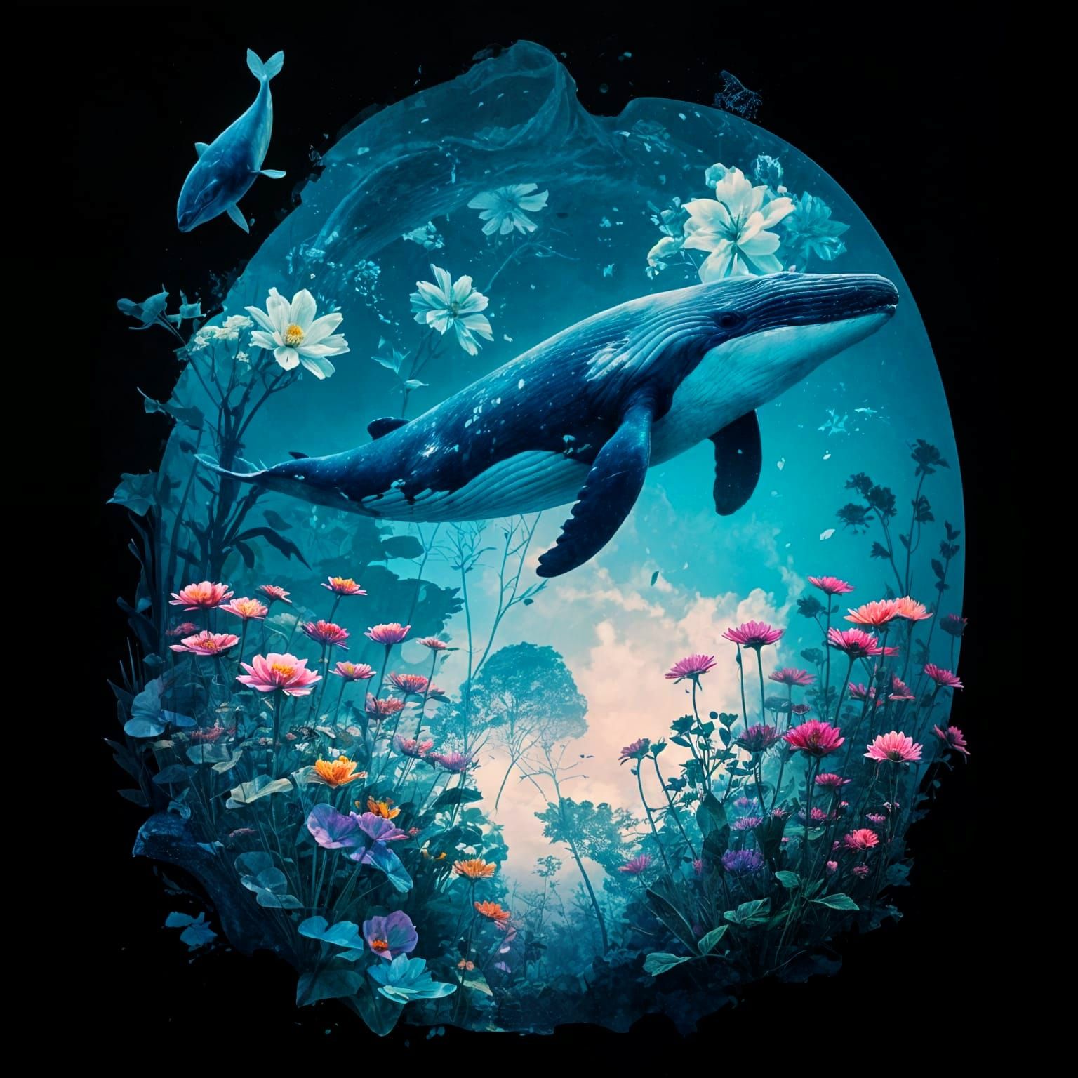 Giant Psychedelic Whale Adorned with Flowers