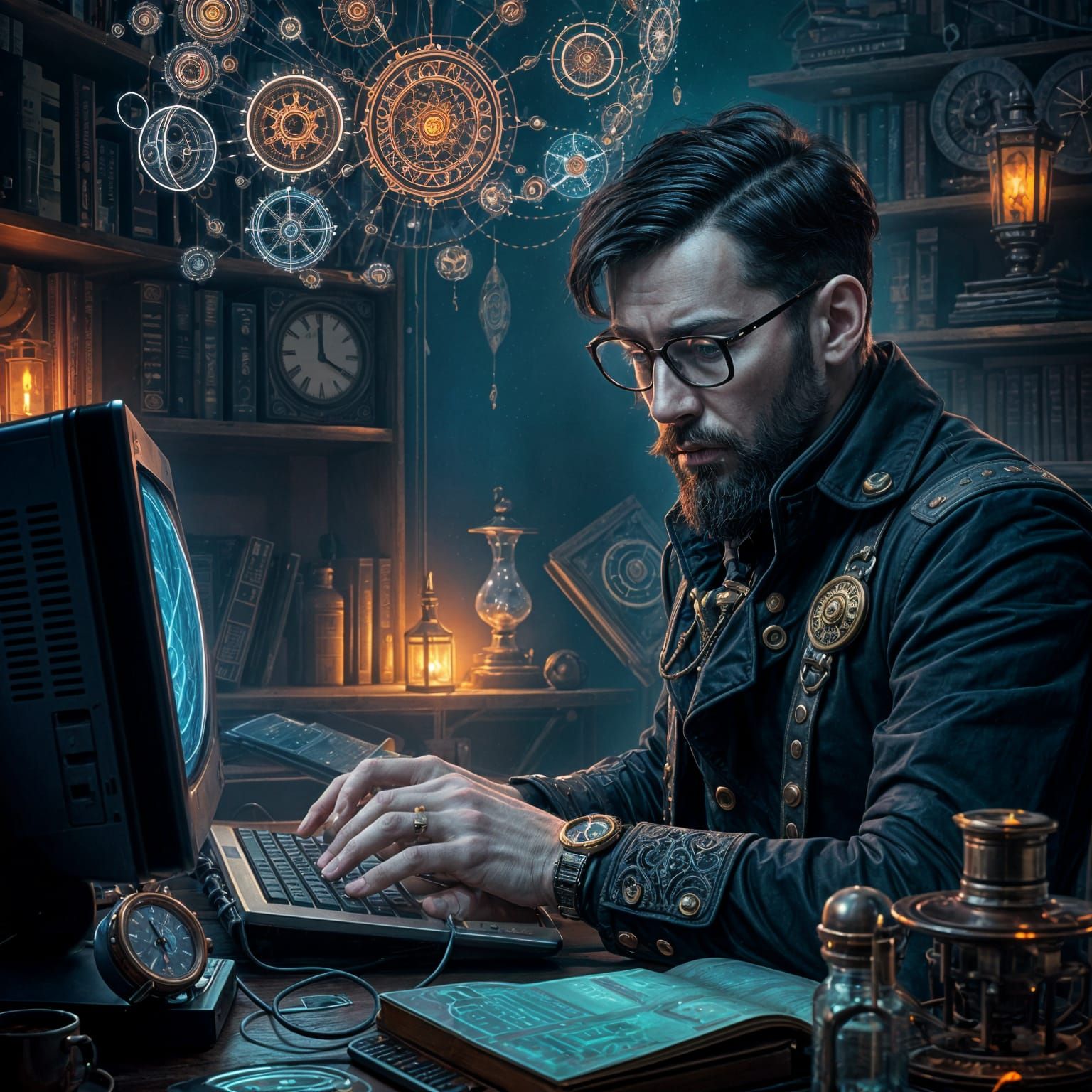 Steampunk Visionary Typing in a Celestial Realm