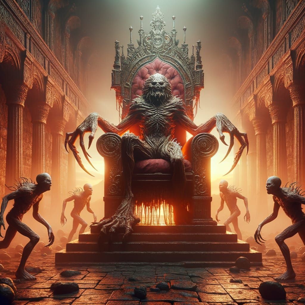 Ethereal Horror: Grotesque Creature on Ancient Throne