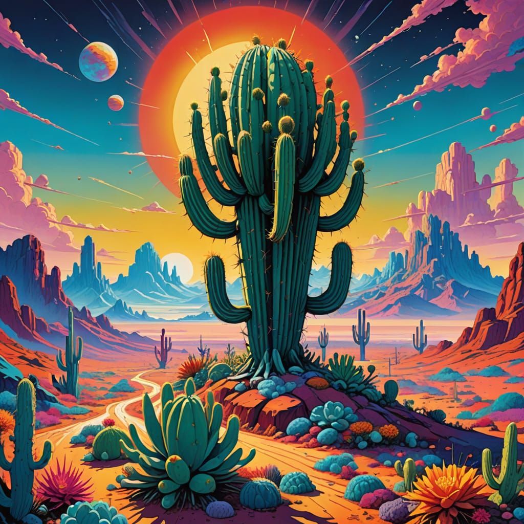 Surreal Crystalline Cacti in Aetherpunk Landscape