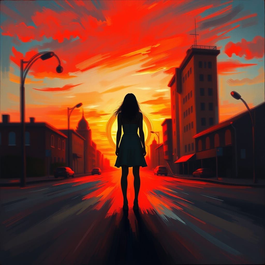 Vibrant Red Sky Dawn in Surrealist Style