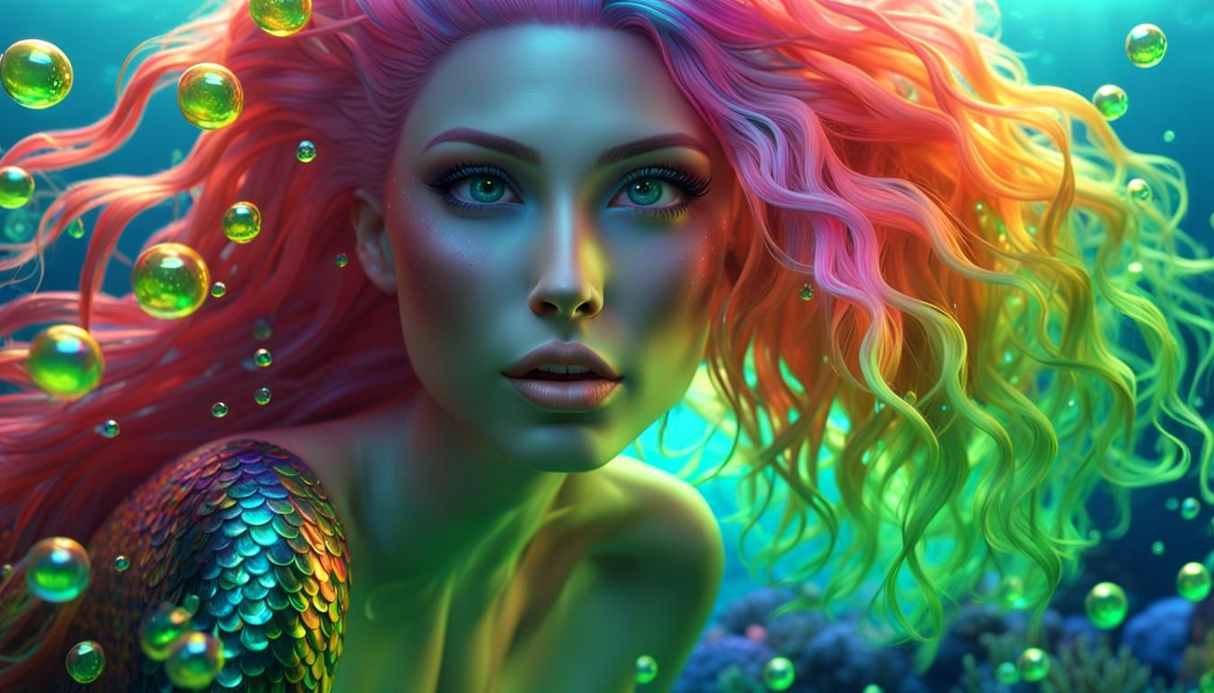 Bioluminescent Mermaid's Underwater Kiss: 3D Render