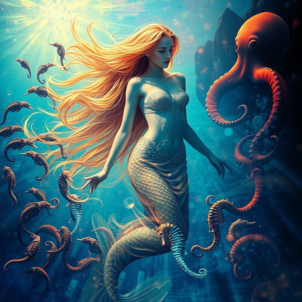 an abstract fractured double exposure of a mermaid, seahorses, octopus