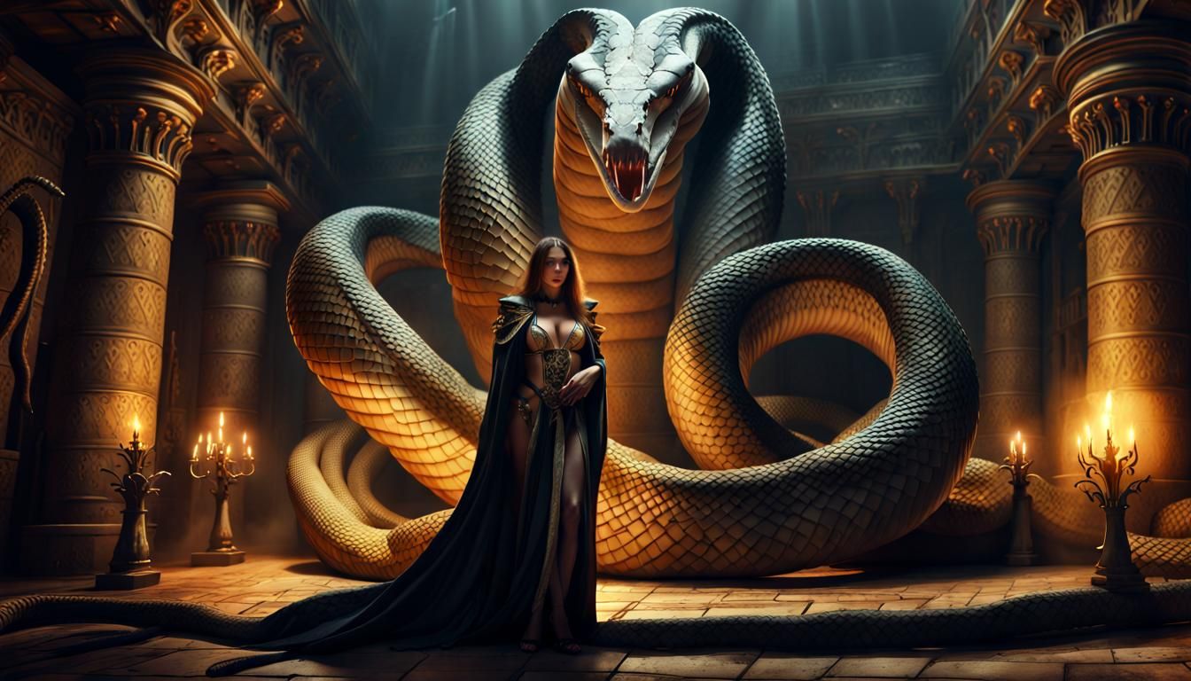 Sorceress Guarded by Cobras in Ancient Castle