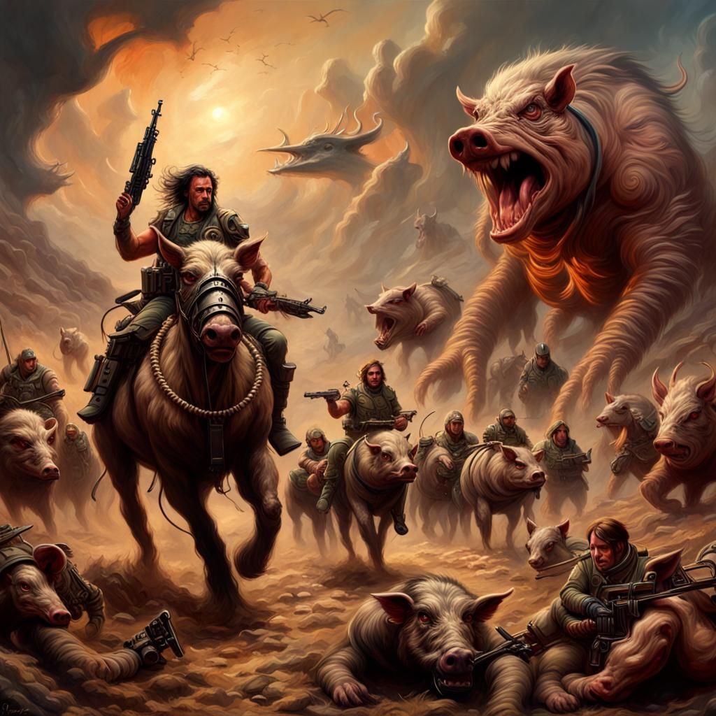 Epic Hog Battle in Boris Vallejo Style