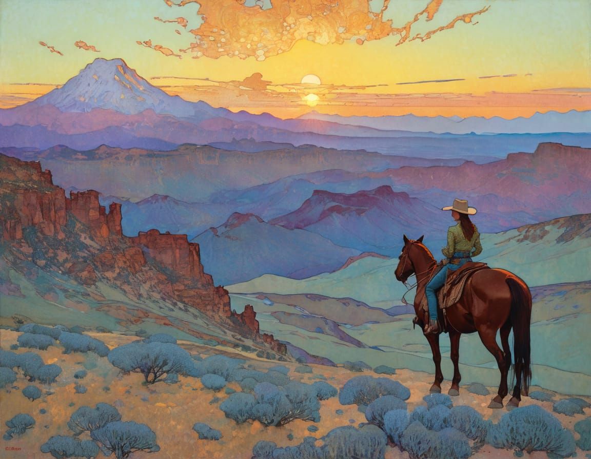 Cowgirl Riding Range at Sunset in Painterly Style