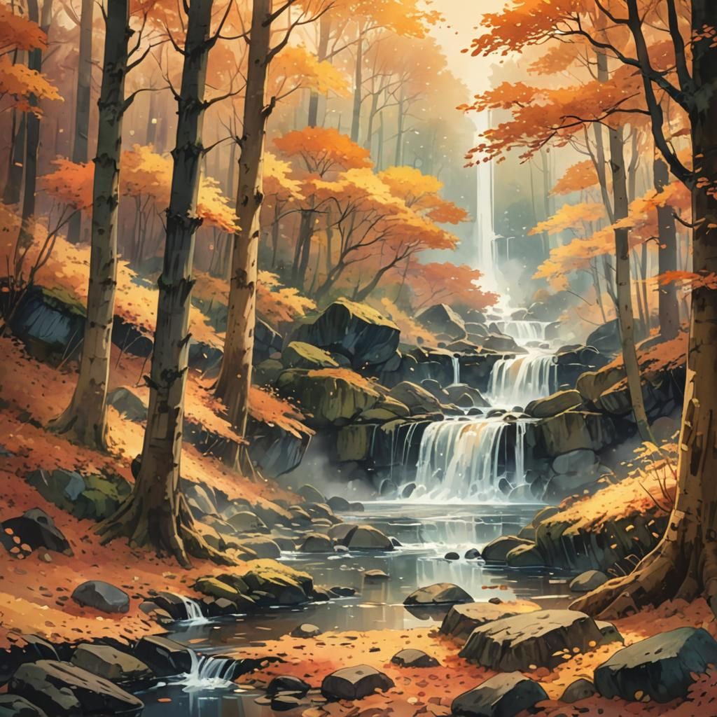 Autumn Forest Stream in Anime Watercolor Style