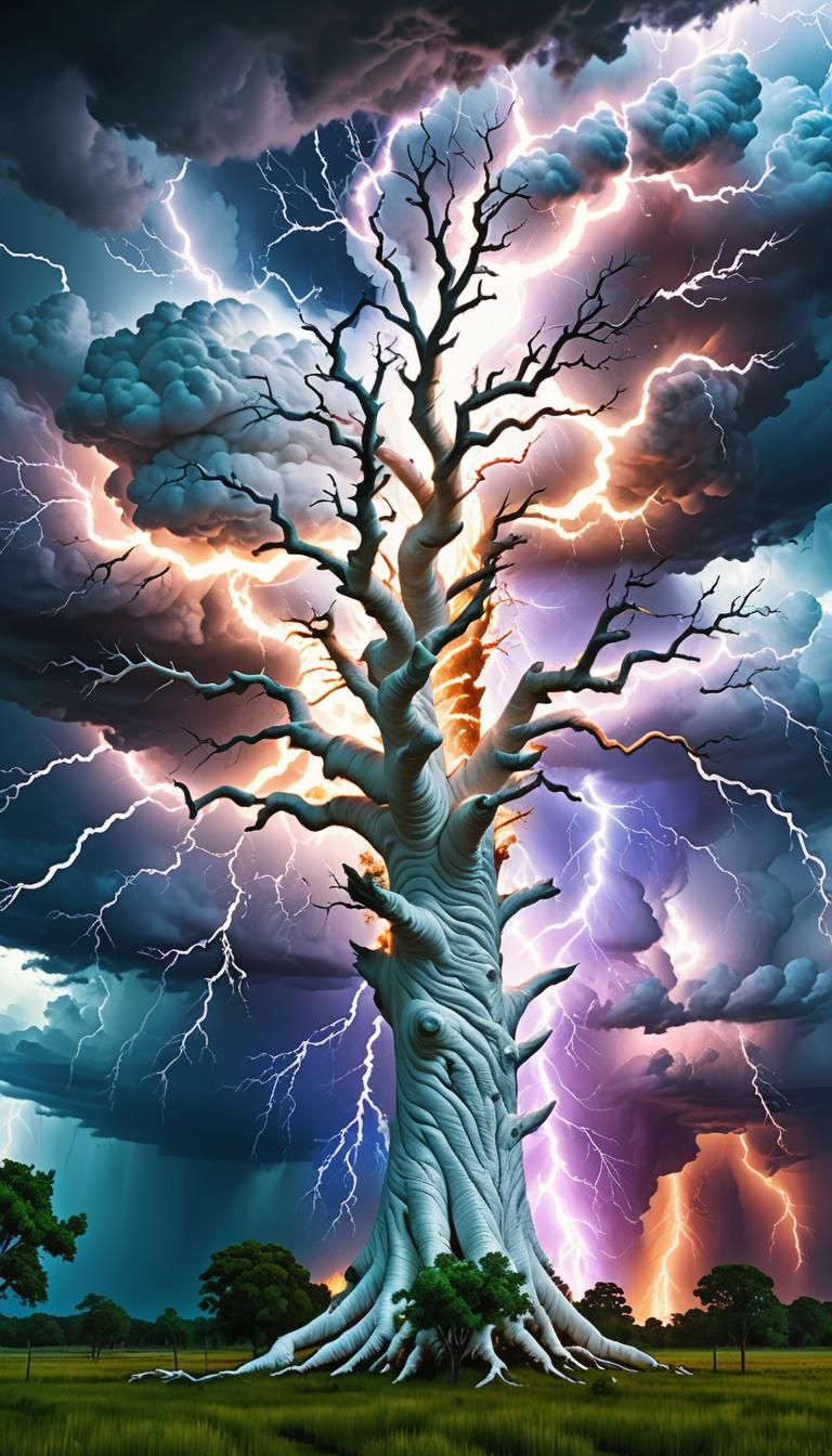 Tornadic Lightning Strikes Albino Tree in Hyperreal Detail