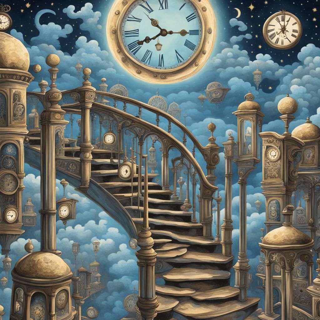 Surreal Steampunk Stairways with Clocks and Doorways