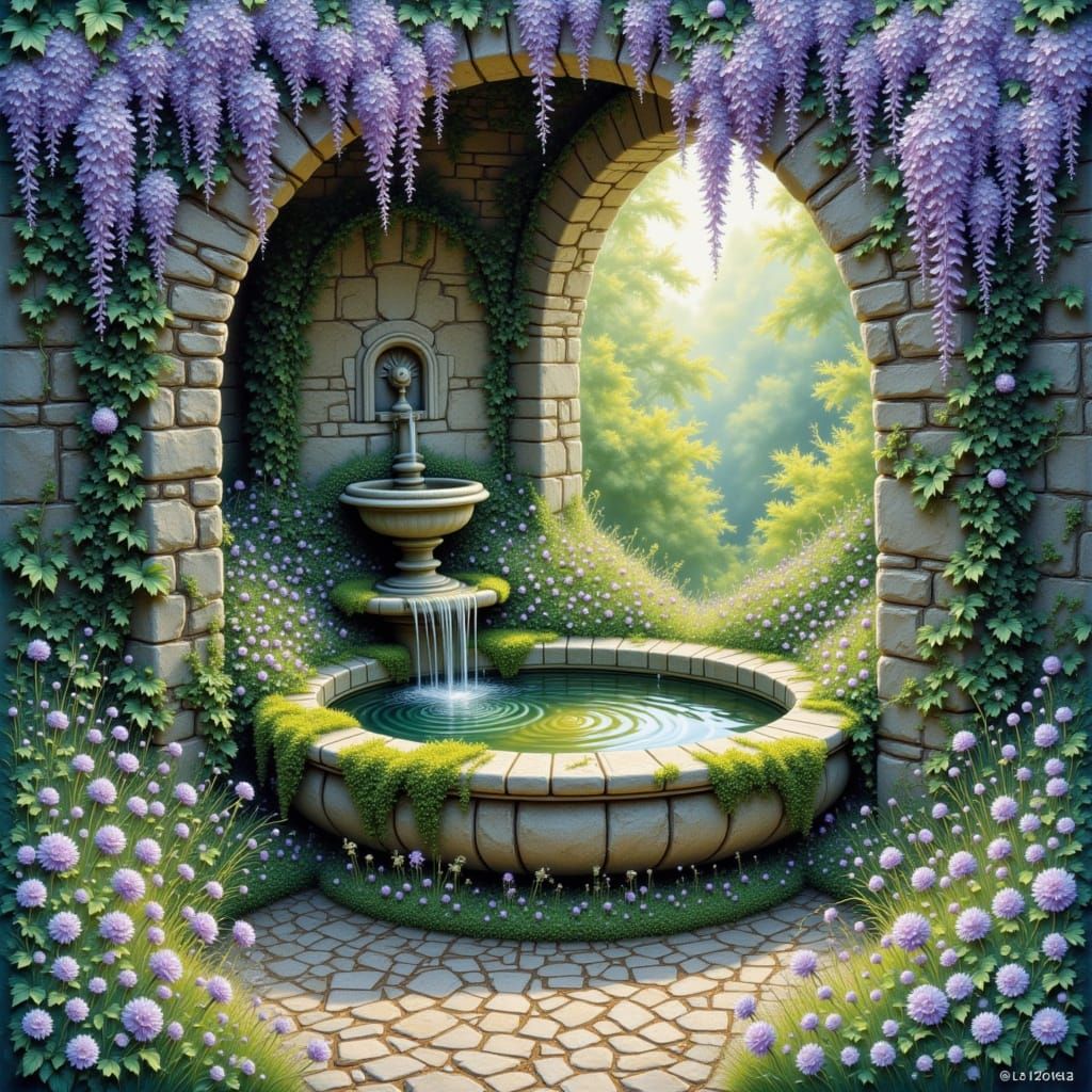 Mossy Stone Fountain in Secluded Garden Alcove