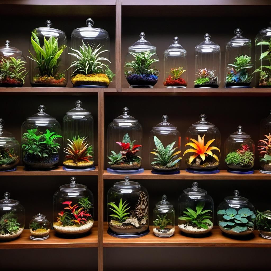 Lush Tropical Plants in Glass Terrariums