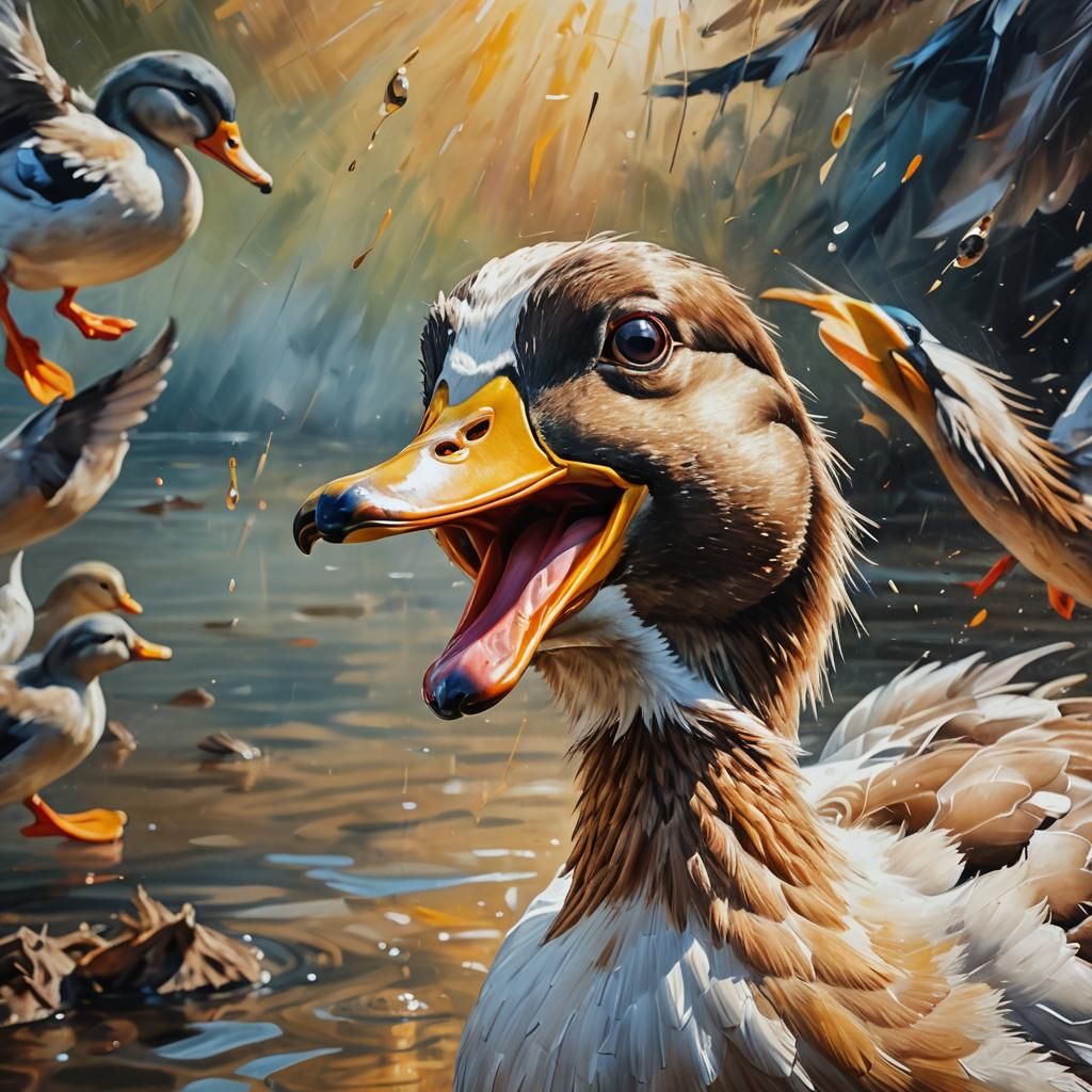 Surrealist Oil Painting of a Startled Duck