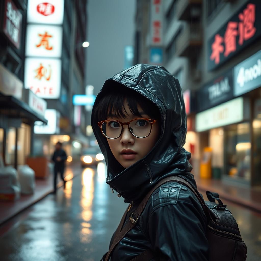 Cyberpunk Ninja Girl in Rain, Hyperrealistic Detail
